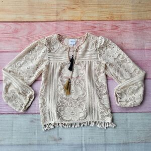 Misa Cream Long Sleeve Split V-Neck Sheer‎ Crochet Lace Tassel Boho Blouse S